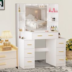 there is a white desk with drawers and a mirror on the wall next to it