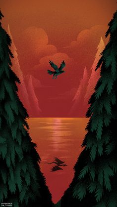 an image of a bird flying in the air over water at sunset with trees and mountains