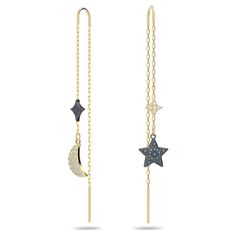 Take your ear curation into outer space with this bohemian pair of long-length pierced earrings. The mismatched chain design drips with star and moon motifs for a cool and romantic look. The gold-plated elements scintillate with clear pavé, whilst the blue crystal elements are set in a dark ruthenium plating to dial up the glamour even more. A glam look for on-trend styling. Ear Curation, Earrings Moon, Arrow Earrings, Star And Moon, Star Blue, Moon Studs, Moon And Star, Romantic Look, Glam Looks