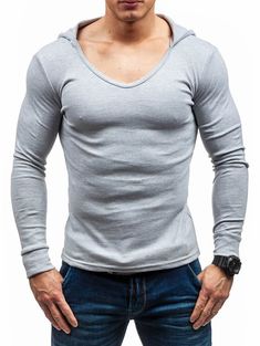 Slim Fit Solid Color Hooded T-shirt - Light Gray - 3682246810 - Men's Clothing, Men's Tops & T-Shirts, Men's T-Shirts  #MensTShirts #Men's #Clothing # #Men's #Tops #& #TShirts # #Men's #TShirts Summer Mens, Casual Sport, Men's Tops, Mens Hooded, Long Sleeve T Shirts, Mens Clothing Styles, Mens Tees, Online Clothing, Light Gray