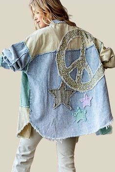 Star Jacket, Consuela Bags, Boho Ideas, Clothing Projects, Glitch In The Matrix, Clothing Art, Upcycled Clothes, Color Block Jacket, Peace Signs