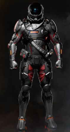 an artist's rendering of a sci - fi character standing in front of a dark background