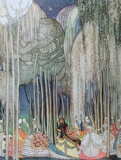 an image of a fairy scene with princesses in the woods and prince on horseback