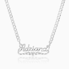 Elegant Personalized Cuban Link Chain Necklace, Anniversary Silver Name Necklace With Figaro Chain, Figaro Chain Nameplate Jewelry For Anniversary, Elegant Name Necklace With Figaro Chain For Anniversary, Elegant Figaro Chain Name Necklace For Anniversary, Silver Nameplate Necklace With Adjustable Chain, Elegant Nameplate Necklace With Figaro Chain, Silver Custom Nameplate Necklace With Adjustable Chain, Figaro Chain Nameplate Necklace As Gift