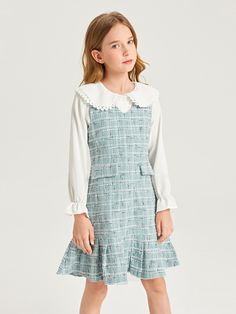 Blue and White Dressy  Long Sleeve Tweed Plaid   Non-Stretch Fall/Winter Girls Clothing Tweed Outfit, Mom Daughter Outfits, Statement Collar, Ruffle Trim Dress, Royal Outfits, Winter Girls, Tweed Dress