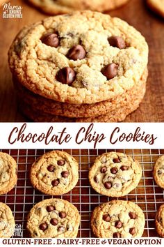 chocolate chip cookies on a cooling rack with the words gluten free dairy - free vegan option