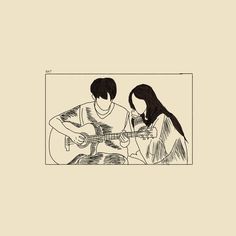 a drawing of two people playing guitar and looking at each other's eyes while sitting down