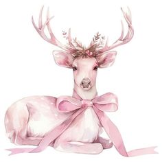 a watercolor painting of a deer with a pink ribbon around its neck and antlers on it's head