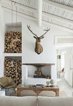 a living room filled with furniture and a fire place next to a wall mounted deer head