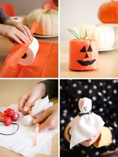 four different pictures showing how to decorate pumpkins with paper towels and cotton balls for halloween