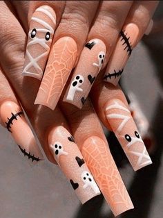 Spooky Halloween Nails Coffin, Long Spooky Nails, Halloween Airbrush Nails, Fall Spooky Nails, Halloween Coffin Nail Ideas, Spooky Halloween Nails Acrylic, Halloween Nails Coffin Shape, Brown Halloween Nails