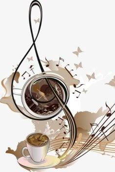 a cup of coffee with music notes on the side and a clock in the middle