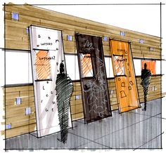 an artist's rendering of several doors in front of a building