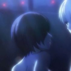 two anime characters are staring at each other in front of a dark room with red lights