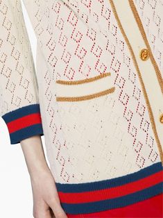 White Gucci Sweater With Ribbed Cuffs, Gucci White Sweater With Ribbed Cuffs, Designer Gucci Jacquard Knit Cardigan, Gucci Designer Jacquard Knit Cardigan, Gucci Long Sleeve Jacquard Knit Cardigan, Gucci Jacquard Knit Long Sleeve Cardigan, Gucci Jacquard Knit Cardigan For Fall, White Pointelle Knit Cardigan For Daywear, Luxury Gucci Jacquard Knit Sweater