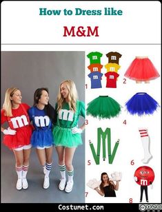 three girls dressed up as m & m and the words how to dress like m & m