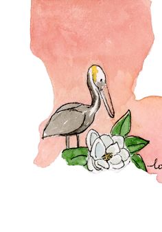 a watercolor drawing of a pelican and flowers