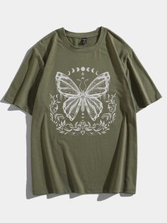 Verde Militar Casual Collar Manga Curta Tecido Borboleta  Embellished Elasticidade Baixa Verão Baggy Shirts, Butterfly Shirts, Really Cute Outfits, Green Shirt, Print Tee, Casual Denim, Butterfly Print, Men Clothing, Printed Tees