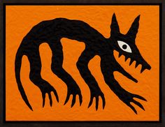 an orange and black square with a stylized image of a monster's head on it