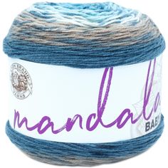 a ball of yarn with the word nandal written on it in purple and blue