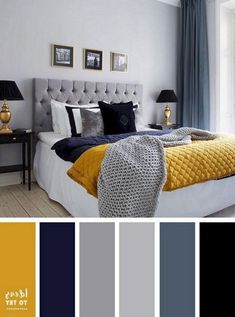 a bedroom with yellow and gray colors in the walls, carpeted flooring and bedding