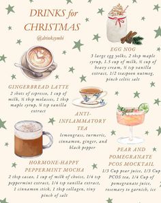 a christmas drink list is shown with drinks and other things to eat for the holiday season