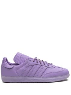 Adidas x Pharrell Humanrace Samba "Purple" Sneakers - Farfetch Lavender Low-top Sneakers With Rubber Sole, Purple Leather Sneakers With Gum Sole, Sporty Purple Sneakers With Textured Sole, Purple Lace-up Sneakers With Textured Sole, Lavender Sporty Sneakers With Rubber Sole, Sporty Lavender Sneakers With Rubber Sole, Lavender Sneakers With Rubber Sole And Round Toe, Lavender Lace-up Sneakers With Boost Midsole, Purple Leather Sneakers With Rubber Sole