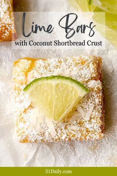 lime bars with coconut shortbread crust on a white tablecloth and text overlay reads lime bars with coconut shortbread crust