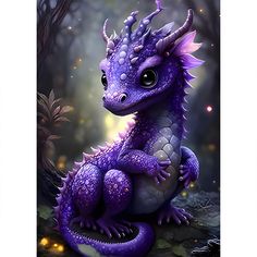 a purple dragon sitting on top of a forest floor