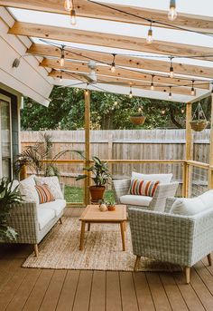 an outdoor living area with couches, chairs and tables on the decking outside