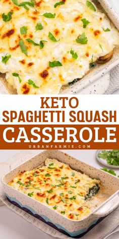 Healthy comfort food at its best! This Keto Spaghetti Squash Casserole is a must for healthy dinner options or best comfort food recipes. With tender squash, creamy ricotta and mozzarella, and savory mushrooms and spinach, it’s a warm dinner idea that’s both hearty and quick! Squash Keto Recipes, Spaghetti Squash Keto, Keto Squash, Keto Spaghetti Squash, Keto Entrees, Keto Spaghetti, Keto Side Dish, Keto Veggies, Keto Vegetables