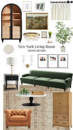 the new york living room mood board is full of neutrals, green and gold