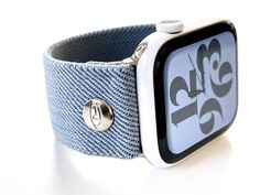 Elastic Apple Watch band - stretchy, comfortable and light! These are hand made and made to order by me in Northern California U.S. NEW Exclusive European Fabrics - Soft and durable! Light Blue Denim - perfect for a summer band Clean simple lines Hardware Free Stretch Elastic - this material is a little more structured and holds its shape beautifully and will not stretch out. Incredibly light and comfortable. Signature rivets will compliment your adapters. I'm proud of this simple design because Casual Adjustable Watch Bands As Gift, Casual Watch Bands Suitable For Gifts, Casual Apple Watch Band Bracelet Strap As Gift, Casual Apple Watch Band With Bracelet Strap, Casual Apple Watch Band With Bracelet Strap As Gift, Casual Apple Watch Band Bracelet For Gift, Casual White Adjustable Apple Watch Band, Casual Adjustable Bracelet Strap Watch Bands, Casual White Watch Bands With Bracelet Strap