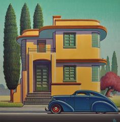 a painting of a blue car parked in front of a yellow house