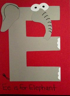 the letter e is for elephant with eyes and ears on it's face, made out of paper