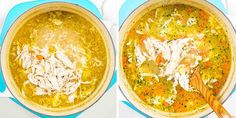 two images showing the process of making chicken noodle soup