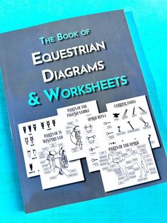 the book of equestrian diagrams and worksheets is displayed on a blue background with black text