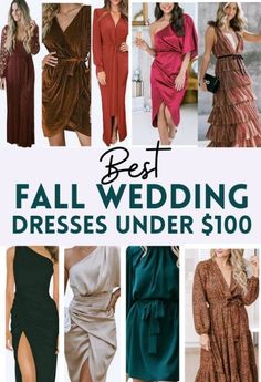 the best fall wedding dresses under $ 100 is featured in this ad for brides