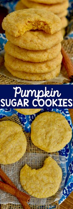 pumpkin sugar cookies are stacked on top of each other with cinnamon sticks in the middle