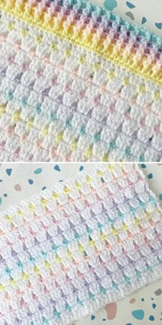 crocheted baby blanket with multicolored stripes and dots on the bottom, next to another crochet afghan