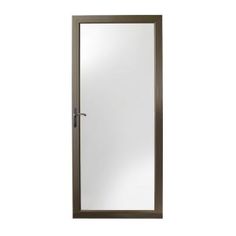 an open door with a mirror on the front and side paneled in wood, against a white background