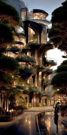 an artistic rendering of a futuristic building with trees growing out of it's sides