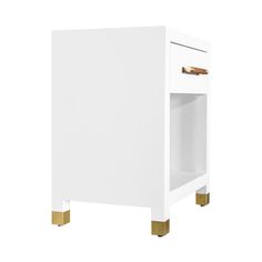 a white cabinet with gold legs and an open drawer on the bottom shelf, against a white background