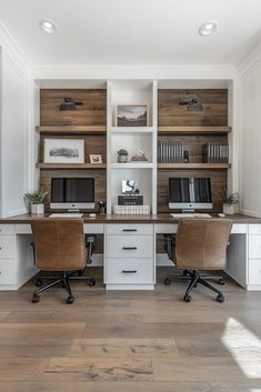 A Dual Desk Home Office Setup is perfect for couples or individuals who manage multiple projects simultaneously and require separate workstations within the same room. This layout promotes productivity by providing ample workspace for two, facilitating collaboration without sacrificing individual work areas. The arrangement can be tailored with back-to-back or side-by-side desks depending on room dimensions and personal preference. This configuration enhances workflow and is ideal for shared home office spaces. Tap to see more dual desk home office setups and get inspired to create a collaborative yet individualized work environment. Home Office For 3 People, Office Room With Two Desks, His And Hers Home Office Ideas, Small Office Multiple Desks, Home Office Design Ideas For Two, Two Desk Built In, His And Her Shared Office Space, Home Office With Multiple Desks, Office Tv Room Combo Layout