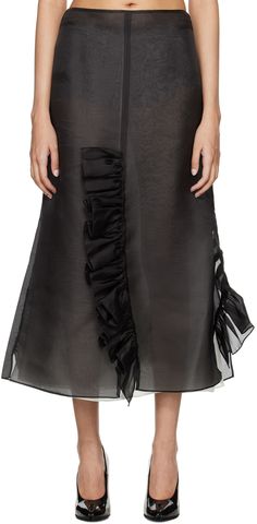 A-line semi-sheer organic silk organza skirt. Ruffled trim throughout. · Vented central seam at front and back · Vented side seams · Zip closure and darts at back · Fully lined Supplier color: Black Organza Midi Skirt, Organza Skirt, Sheer Skirt, Mid Length Skirts, Black Midi Skirt, Silk Organza, Ruffle Trim, Calf Skin, Apparel Accessories