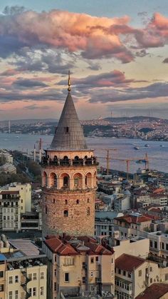 an aerial view of a city with a tower and water in the background at sunset