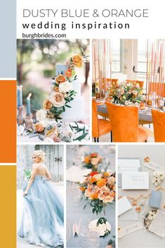 an orange and blue wedding color scheme with the text dusty blue & orange wedding inspiration