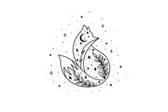 a black and white drawing of a fox sitting on top of leaves with stars in the background