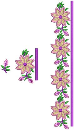 the embroidery design has flowers on it and is purple with green leaves, in front of a white background