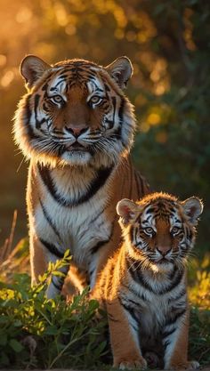 two young tiger cubs standing next to each other in the sunbeams with their mother